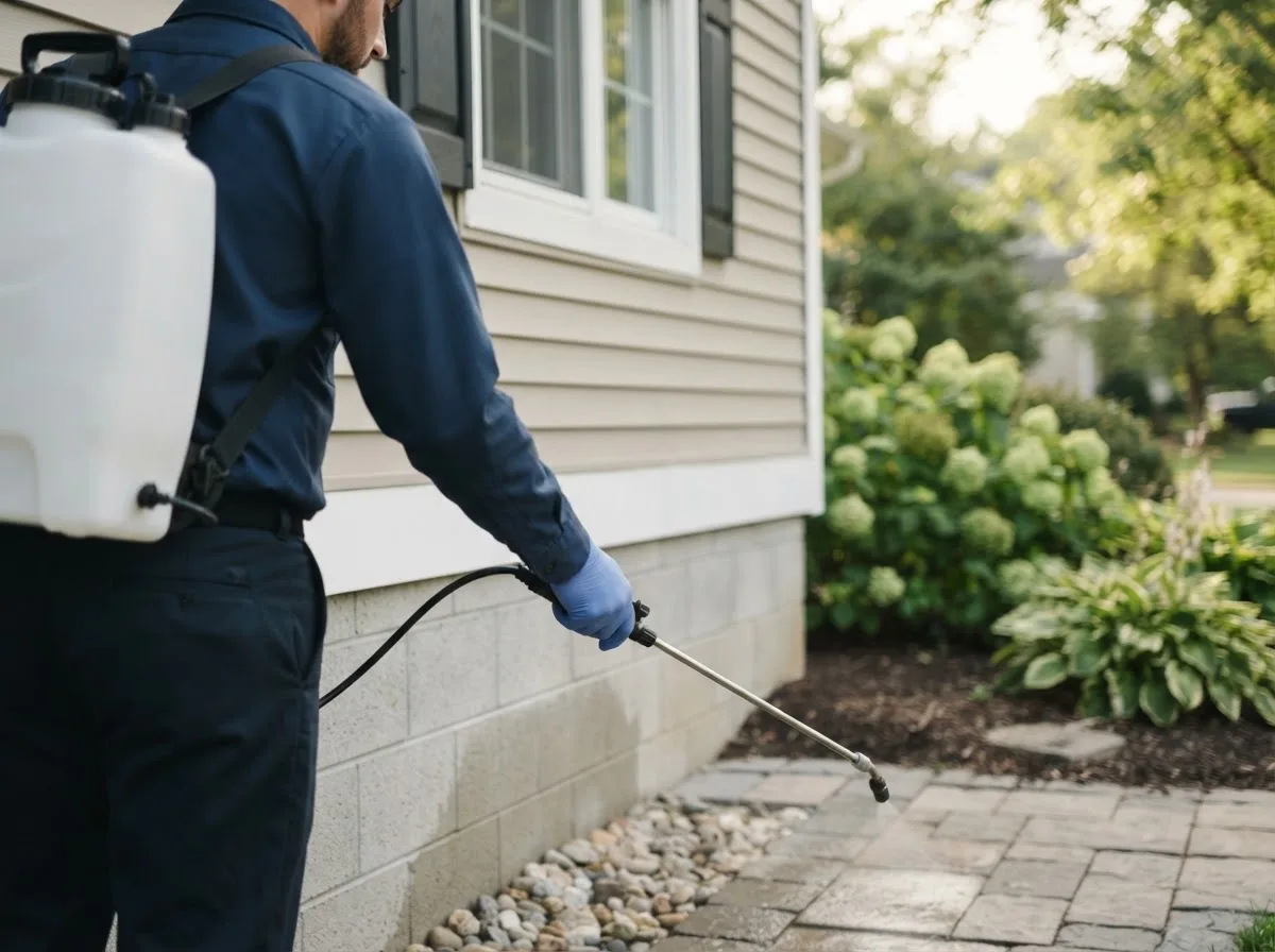 Pest control technician inspecting a home in Secor, IL